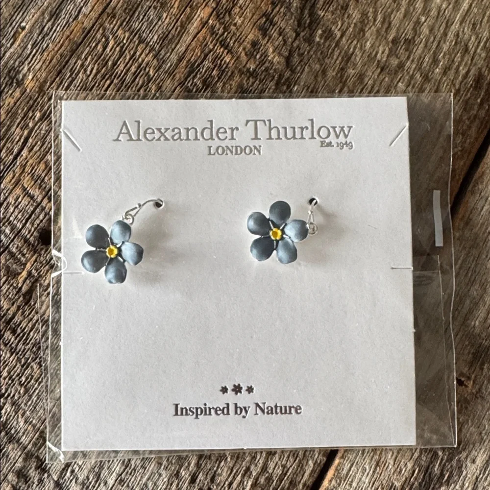 Alexander Thurlow Forget Me Not Blue Flower Drop Hook Earrings Silver Plated